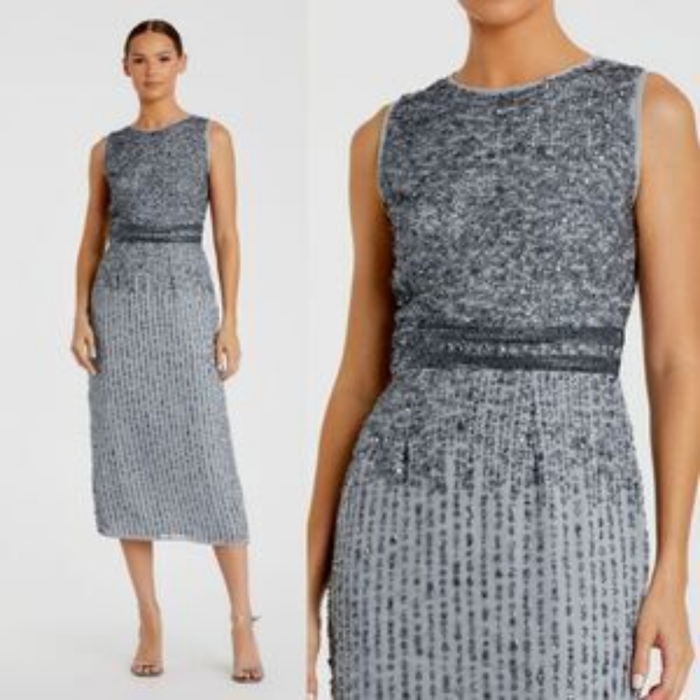 NWT! Mac Duggal Platinum High Neck Beaded Midi Sheath Dress Size 2